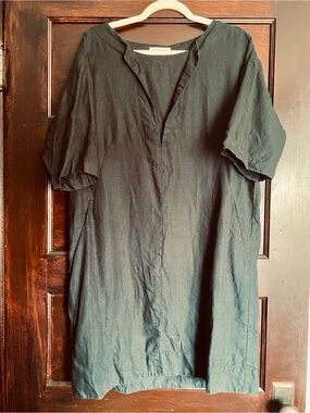 TOAST 100% Linen V-Neck Shift Dress Black Sz 16 Pockets Lagenlook Minimalist